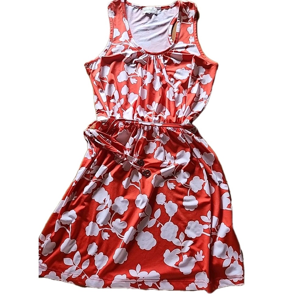 Mud Pie Floral Dress Orange Size Large Belted Racerback Sleeveless